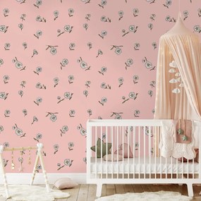 Samolepiaca tapeta ružové pozadie s bielymi kvietkami