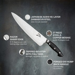 Executive-Plus, 10" kuchársky nôž, 61 HRC, damašková oceľ
