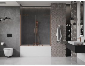 Mexen Velar Duo, 2-krídlová posuvná vaňová zástena 140 x 150 cm, 8mm číre sklo, medený matný profil, 896-140-000-02-65