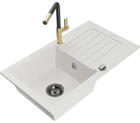 Mexen Pablo, 1-komorový granitový drez 752x436x161 mm a drezová batéria Flora, biela, 6510-20-670401-57-B