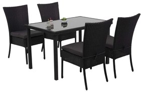 4x Stolička a stola HWC-G19, polyratan, 120x75cm - čierna, vankúše tmavosivá