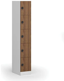 Šatníková skrinka s úložnými boxmi, 5 boxov, 1850 x 300 x 500 mm, kódový zámok, laminované dvere, orech