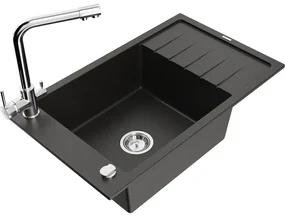 Mexen Elias, 1-komorový granitový drez s odkvapkávačom 795x480x200 mm a chrómová batéria Duero, čierna - zlatá metalíza, 6511-75-671600-00