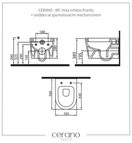 Cerano Puerto, závesná WC misa Rimless 500x350x290 mm + WC sedátko Taco s pomalým zatváraním, biela lesklá, CER-CER-413231