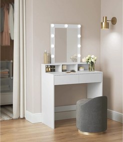 Toaletný stolík so zrkadlom a žiarovkami, 80 x 145 x 40 cm, biely