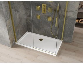 Mexen Omega, sprchovací kút s posuvnými dverami 140 (dvere) x 80 (stena) cm, 8mm číre sklo, zlatý profil + slim sprchová vanička 5cm, 825-140-080-50-00-4010