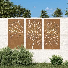 Záhradné nástenné dekorácie 3 ks 105x55 cm kortenová oceľ strom 824511