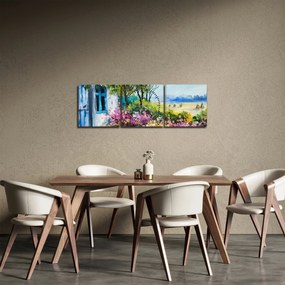 Obraz záhradky pred domom, olejomaľba (s hodinami) (90x30 cm)