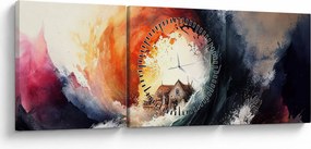 Obraz - Vo víre povodne, akvarel (s hodinami) (90x30 cm)