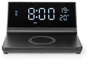 Nedis WCACQ20BK - Budík s LCD displejom a bezdrôtovú nabíjačkou 15W/5V čierna
