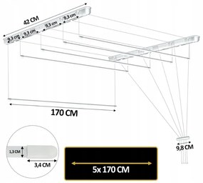 Erga Erga, stropný vešiak na sušenie bielizne 5x170 cm, biela, ERG-SEP-10SUSSUF5PP17