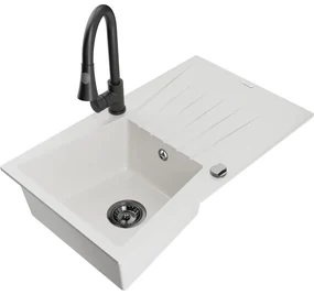 Mexen Cesar, 1-komorový granitový drez 775x470x190 mm a drezová batéria Elia, biela, 6514-20-670101-70