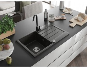 Mexen Bruno, 1-komorový granitový drez s odkvapkávačom 80x50 cm a kuchynskou batériou Telma, čierna-zlatá, 6513-75-670200-70