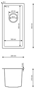 Erga HD, 1-komorový oceľový drez 220x440x210 mm, oceľová, ERG-MLS-HD2244