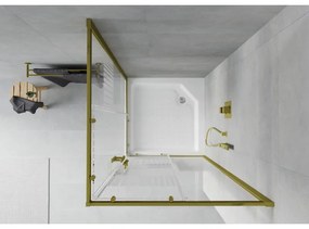 Mexen Rio, štvorcový sprchovací kút s posuvnými dverami 90(dvere) x 90(dvere) x 190 cm, 6mm číre sklo s pásikmi, zlatý profil + biela sprchová vanička RIO, 860-090-090-50-20-4510