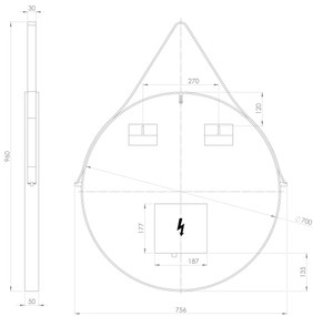 Sapho Sapho, ORBITER guľaté zrkadlo s LED osvetlením, kožený popruh, ø 70cm, čierna matná, ORL070