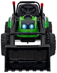 Zelený detský traktorový bager na batérie + pohyblivé rameno + diaľkové ovládanie + pomalý štart + FM rádio + LED