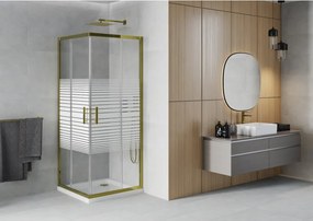 Mexen Rio, štvorcový sprchovací kút s posuvnými dverami 70(dvere) x 70(dvere) x 190 cm, 6mm číre sklo s pásikmi, zlatý profil + biela sprchová vanička SLIM, 860-070-070-50-20-4010G