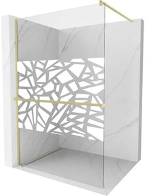 Mexen Kioto+, sprchová zástena Walk-In s poličkou a vešiakom 90 x 200 cm, 8mm číre sklo biely vzor, zlatý matný profil, 800-090-121-55-85