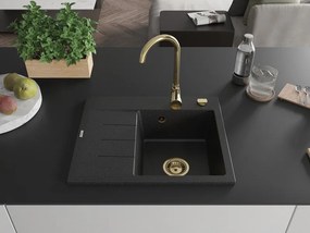 Mexen Ben, 1-komorový granitový drez 600x500x190 mm, pravý + zlatý sifón, čierna-strieborná metalíza, 6523605000-73-G