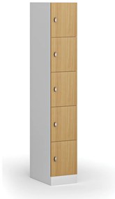 Šatníková skrinka s úložnými boxmi, 5 boxov, 1850 x 300 x 500 mm, demont, otočný zámok, laminované dvere, buk