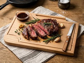 AMADEA Drevená doštička na steak s nožom a miskou, masívne drevo, 30x20x1, 5 cm