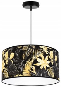 Závesné svietidlo GOLD FLOWERS, 1x čierne textilné tienidlo s kvetinovým vzorom, (fi 40cm)