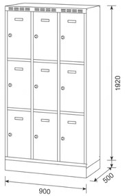 Alfa 3 Šatníková skrinka S6 na sokli s úložnými boxami, 9 boxov, 1920 x 900 x 500 mm, otočný zámok, tmavosivé dvere