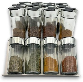 Orion Sada 16ks koreničiek SPICE BLACK 100ml + 4ks nerezový organizér na koreničky VASKY - NEREZ (nízky) + sada 24ks štítkov