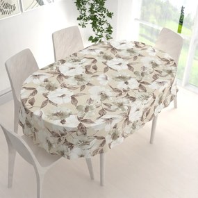 Biante Dekoračný oválny obrus Porto PRT-011 Hnedo-biele kvety na béžovom 50x100 cm