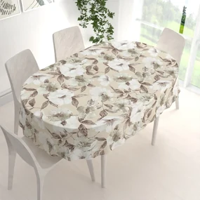 Biante Dekoračný oválny obrus Porto PRT-011 Hnedo-biele kvety na béžovom 130x200 cm