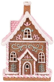 Vianočná dekorácia Perníkový domček s ružovou strechou, polyresin, LED, hnedá