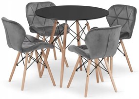 Jedálenská zostava TODI 80cm okrúhly stolový set čierny + 4 stoličky LAGO sivé