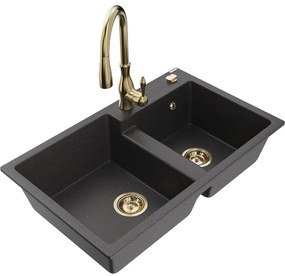Mexen Tomas, granitový drez 800x500x190 mm, 2-komorový a drezová batéria Savita, čierna škvrnitá, 6516-76-672601-50