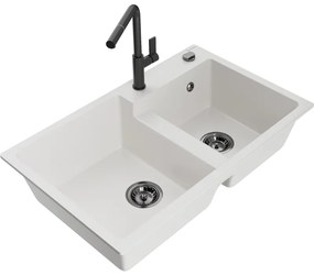 Mexen Tomas, 2-komorový granitový drez 800x500x190 mm a drezová batéria Flora, biela, 6516-20-670401-70-B