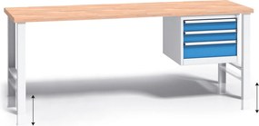 Výškovo nastaviteľný pracovný stôl do dielne G3 so závesným boxom na náradie, buková škárovka, 3 zásuvky, 2000 x 685 x 840 - 1050 mm, modrá