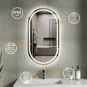 Erga Lyra, oválne LED zrkadlo 50x90cm, 3 farby svetla, predné a zadné osvetlenie, vyhrievacia podložka proti zapareniu, ERG-V01-LYRA-5090-CL