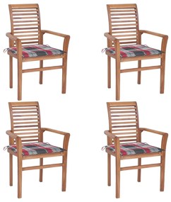 Jedálenské stoličky 4 ks červené kockové podložky tíkový masív 3062635