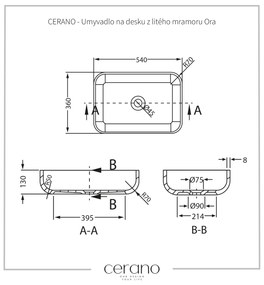 Cerano Ora, umývadlo na dosku z liateho mramoru 540x360x130 mm, čierna matná, CER-CER-WB02B