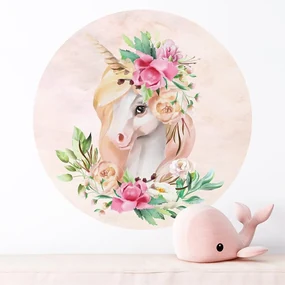 Gario Detská nálepka na stenu Unicorns and flowers - jednorožec a zelené listy s ružami Rozmery: 70 x 70 cm