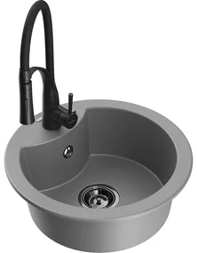 Mexen Diego, 1-komorový granitový drez 488x488x167 mm a drezová batéria Aster, šedá, 6512-71-73450-70-B