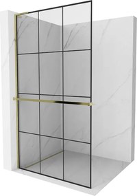Mexen Kioto+ L, sprchová zástena Walk-In s poličkou a vešiakom 110 x 200 cm, 8mm číre sklo čierny vzor, zlatý lesklý profil,800-110-123-50-77