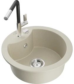 Mexen Diego, 1-komorový granitový drez 488x488x167 mm a drezová batéria Flora, béžová, 6512-69-670401-07