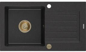 Mexen Pablo, granitový drez 752x436x161 mm, 1-komorový, čierna-strieborná metalíza so zlatým sifónom, 6510751010-73-G