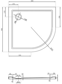 Mexen Flow, asymetrická štvrťkruhová sprchová vanička slim, ľavá 90 x 80 cm, biela lesklá, 46Q108090L