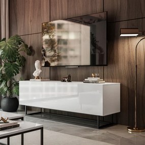 TV STOLÍK ELEGANTE 150 cm BIELY VYSOKÝ LESK + ČIERNY OCEĽOVÝ PODSTAVEC