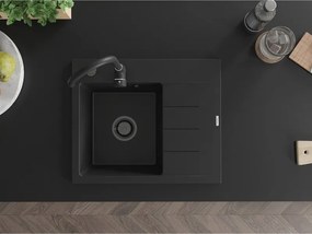 Mexen Ben, 1-komorový granitový drez 600x500x190 mm, ľavý + čierny sifón, čierna, 6522605000-77-B