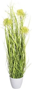 Umelá tráva s okrasným cesnakom zelená cca 60 cm v bielom melamínovom kvetináči 11 x 10 cm