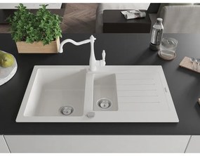 Mexen Matias, granitový drez 900x505x200 mm, 1,5-komorový a drezová batéria Carla, biela, 6502-20-670700-20