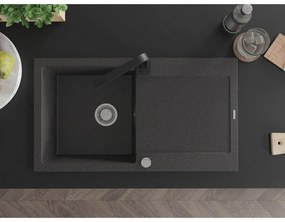 Mexen Leo, drez granitový 900x500x190 mm, 1-komorový, čierna škvrnitá s chrómovým sifónom a čierna drezová batéria Rita, 6501-76-670300-70